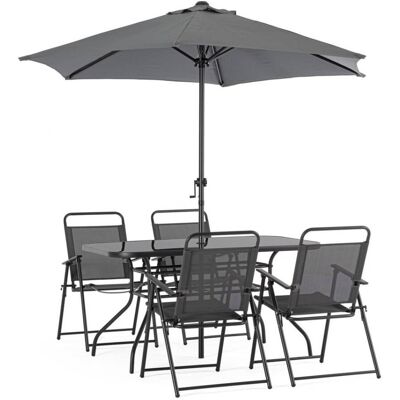 Bizzotto Conjunto de mesa y 4 sillas antracita y textilene con sombrilla Bizzotto Conjunto de mesa y 4 sillas antracita y textilene con sombrilla