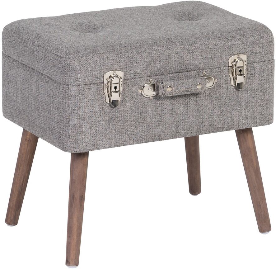 LolaHome Puff arcón maleta gris de tela y madera de 50x35x45 cm