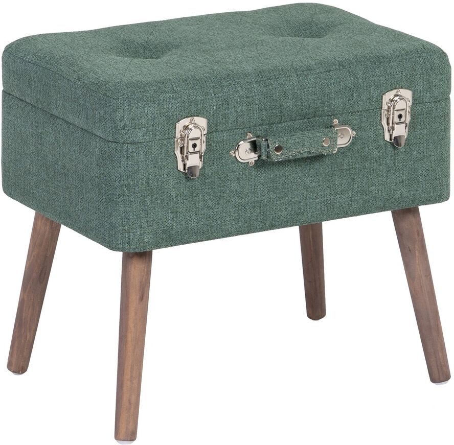 LolaHome Puff arcón maleta verde oscuro de tela y madera de 50x35x45cm