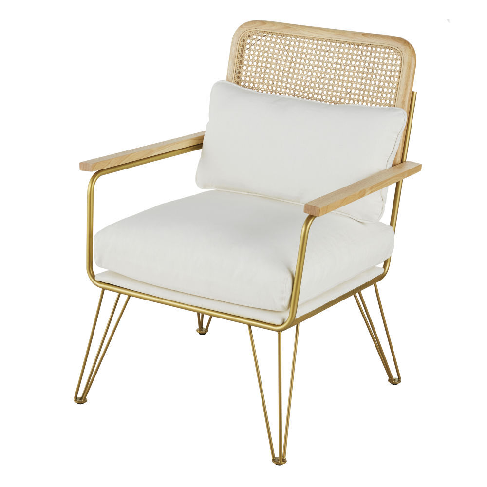 Maisons du Monde Sillón color crudo de rejilla de mimbre con patas de metal dorado