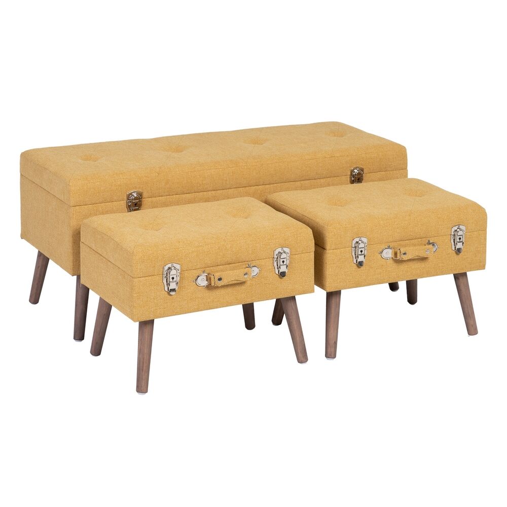LolaHome Set de 3 puffs arcón maleta mostaza de tela y madera