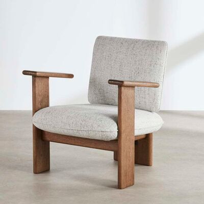 Maisons du Monde Sillón de hevea maciza teñida y tela gris claro jaspeada Maisons du Monde Sillón de hevea maciza teñida y tela gris claro jaspeada