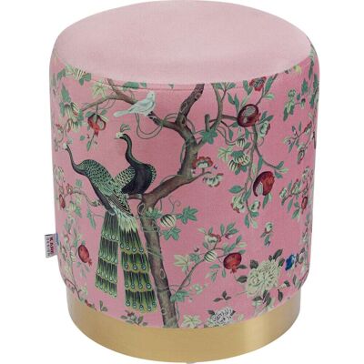 Kare Design Taburete estampado pavo real en terciopelo rosa y oro Ø32c Kare Design Taburete estampado pavo real en terciopelo rosa y oro Ø32c