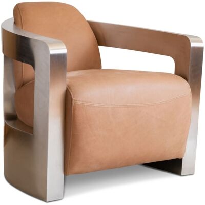 PIB Sillón en cuero marrón claro y metal cromado PIB Sillón en cuero marrón claro y metal cromado