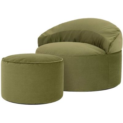 Icon Puf sillón decorativo con reposapiés redondo de terciopelo verde oliva Icon Puf sillón decorativo con reposapiés redondo de terciopelo verde oliva