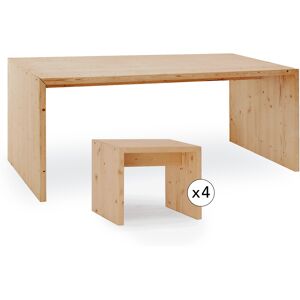 Decowood Pack mesa de comedor y 4 taburetes de madera maciza tono medio 120cm