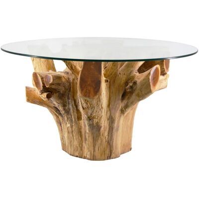 MOYCOR Mesa de centro de madera de teca beige y top de cristal d. 80 cm MOYCOR Mesa de centro de madera de teca beige y top de cristal d. 80 cm