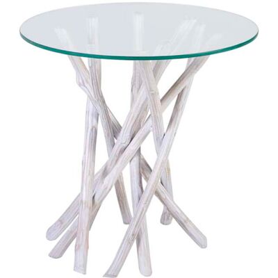 MOYCOR Mesa auxiliar cristal y madera blanco d. 50 cm MOYCOR Mesa auxiliar cristal y madera blanco d. 50 cm