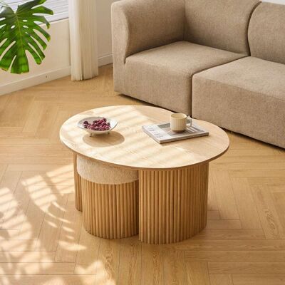 Nordlys Mesa de centro de madera con 2 otomanas de lana blanca Nordlys Mesa de centro de madera con 2 otomanas de lana blanca