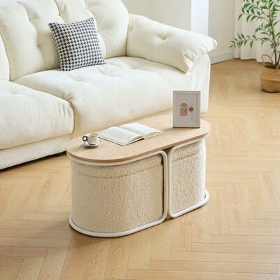 Nordlys Mesa de centro de madera con 2 otomanas de lana blanca Nordlys Mesa de centro de madera con 2 otomanas de lana blanca