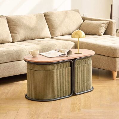 Nordlys Mesa de centro de madera con 2 otomanas de pana verde Nordlys Mesa de centro de madera con 2 otomanas de pana verde