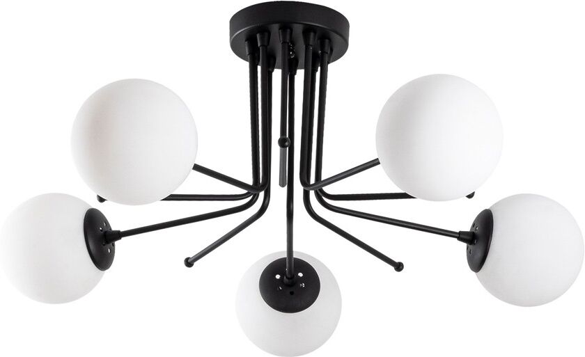 Wonderlamp Plafón de techo negro 5 luces con esferas cristal opal