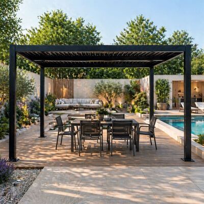 Concept Usine Pérgola bioclimática estructura y listones ajustables en aluminio negr Concept Usine Pérgola bioclimática estructura y listones ajustables en aluminio negr