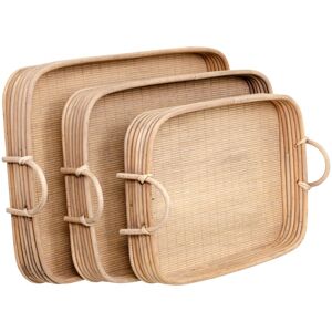 LolaHome Set de 3 bandejas de cañas de rattan natural oscuras