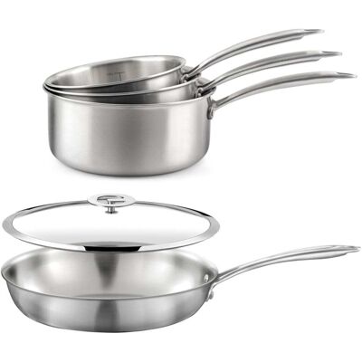 Cuisinox Lote de 3 cacerolas de acero inoxidable 16/18/20 cm, 1 sartén de acer Cuisinox Lote de 3 cacerolas de acero inoxidable 16/18/20 cm, 1 sartén de acer