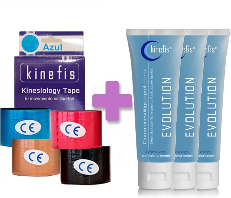 OFERTA PACK VENDAJE KINEFIS: 6 rollos vendaje neuromuscular Kinefis Kinesiology tape 5cm x 5m + 3 Cremas Kinefis Evolution 200 cc