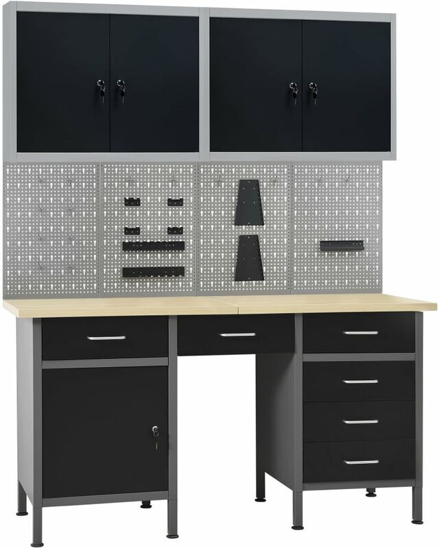 vidaXL Banco de trabajo con cuatro paneles de pared y dos armarios vidaXL Banco de trabajo con cuatro paneles de pared y dos armarios
