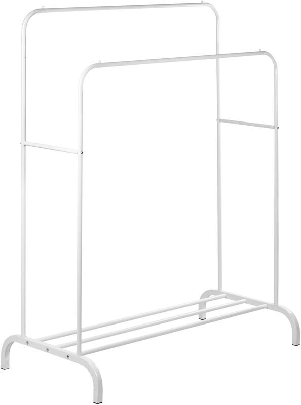 PRIMEMATIK Perchero metálico blanco multifuncional con doble colgador y estante PRIMEMATIK Perchero metálico blanco multifuncional con doble colgador y estante