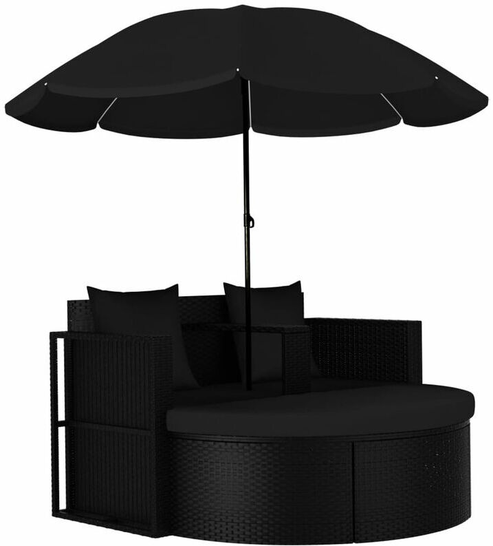 Asupermall - Cama tumbona de jardin con sombrilla ratan sintetico negro Asupermall - Cama tumbona de jardin con sombrilla ratan sintetico negro