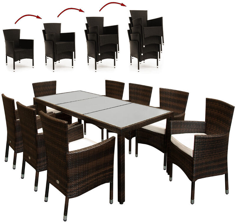 CASARIA DEUBA Conjunto de sillas y mesa poliratán 8+1 Sillas apilables Cojines CASARIA DEUBA Conjunto de sillas y mesa poliratán 8+1 Sillas apilables Cojines