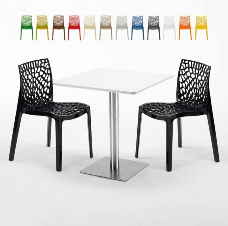 GRAND SOLEIL Mesa Cuadrada Blanca 70x70 cm con Base de Acero y 2 Sillas De Colores GRAND SOLEIL Mesa Cuadrada Blanca 70x70 cm con Base de Acero y 2 Sillas De Colores
