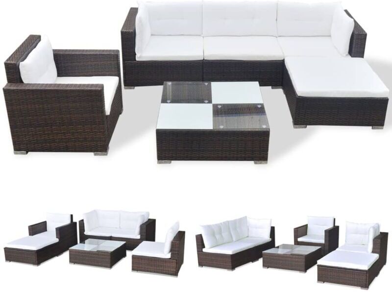 VIDAXL Set muebles de jardín 6 piezas y cojines ratán sintético marrón VIDAXL Set muebles de jardín 6 piezas y cojines ratán sintético marrón
