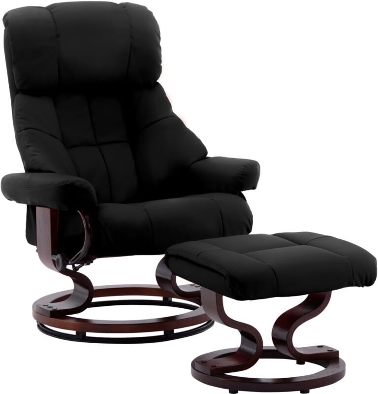 vidaXL Silla reclinable y reposapiés madera curvada cuero sint. negro