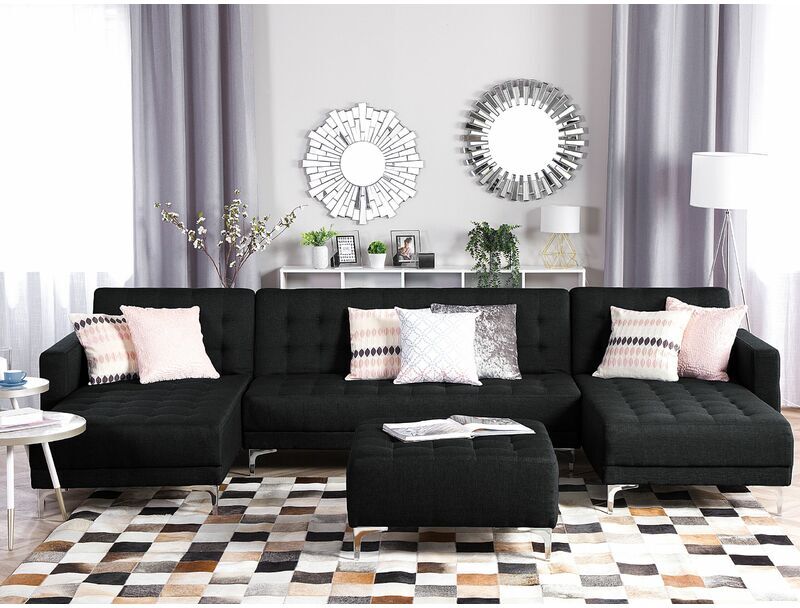 Beliani - Sofá cama tapizado en forma de U gris grafito con reposapiés Beliani - Sofá cama tapizado en forma de U gris grafito con reposapiés