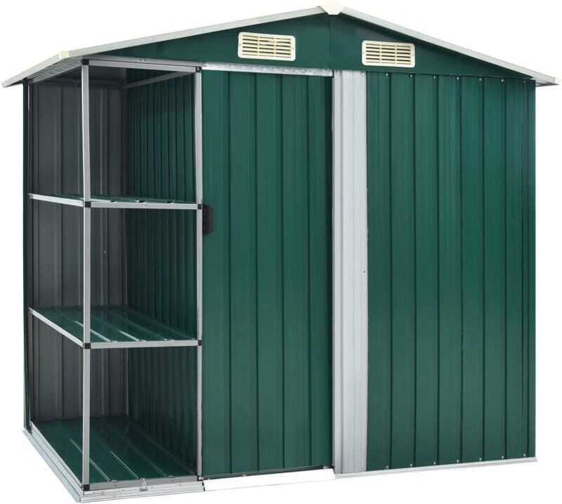 vidaXL Cobertizo de jardín con estantería hierro verde 205x130x183 cm vidaXL Cobertizo de jardín con estantería hierro verde 205x130x183 cm