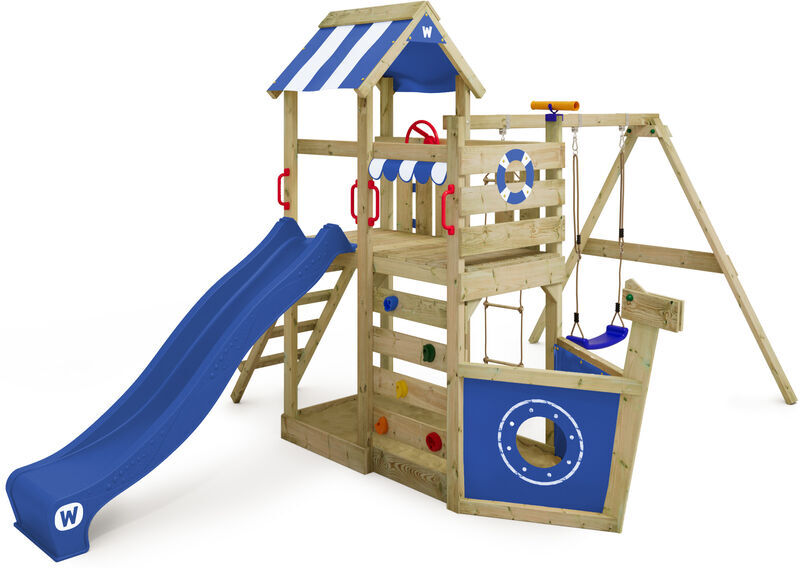 WICKEY Parque infantil de madera SeaFlyer con columpio y tobogán azul Casa de WICKEY Parque infantil de madera SeaFlyer con columpio y tobogán azul Casa de