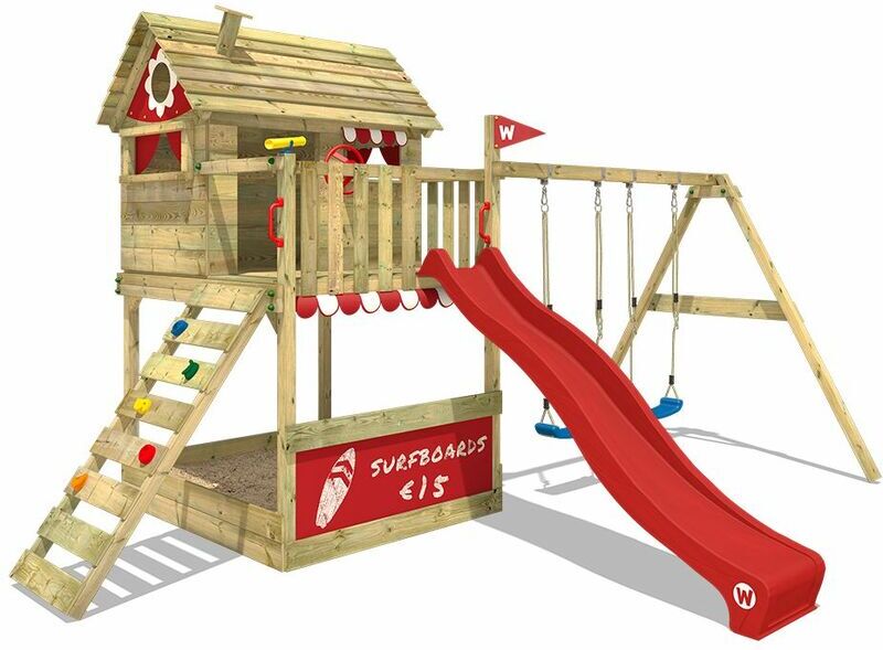 WICKEY Parque infantil de madera Smart Seaside con columpio y tobogán rojo WICKEY Parque infantil de madera Smart Seaside con columpio y tobogán rojo