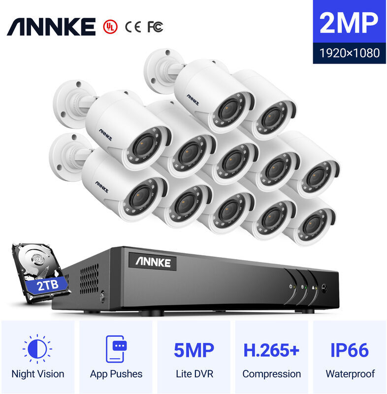 ANNKE Kit cámara de vigilancia 16CH 5 en 1 DVR 3MP grabadora + 12 cámara bala