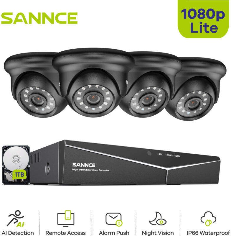 SANNCE kit videovigilancia exterior 4CH TVI DVR grabadora + 4 cámara HD 1080P