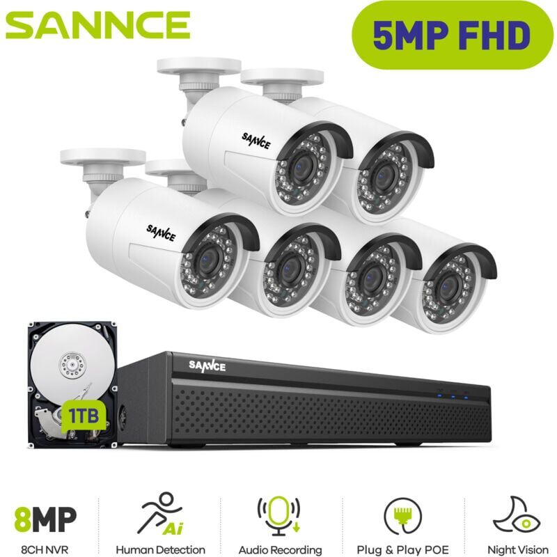 SANNCE Sistema de seguridad de video de red PoE FHD de 5MP, NVR de vigilancia SANNCE Sistema de seguridad de video de red PoE FHD de 5MP, NVR de vigilancia