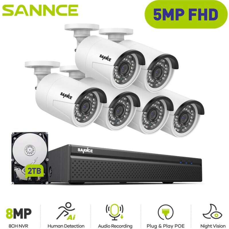 SANNCE Sistema de seguridad de video de red PoE FHD de 5MP, NVR de vigilancia SANNCE Sistema de seguridad de video de red PoE FHD de 5MP, NVR de vigilancia