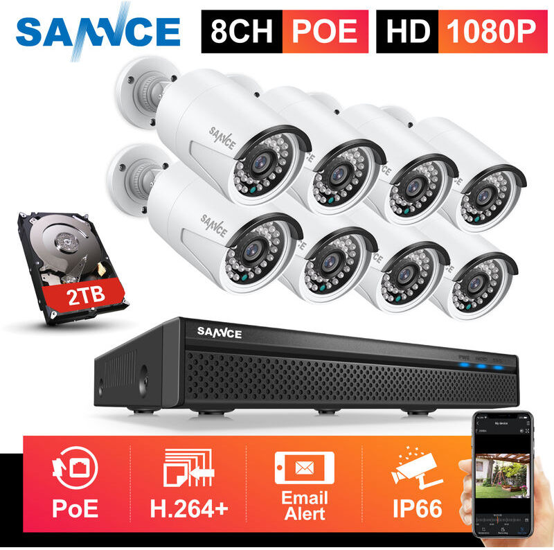 SANNCE Sistema de seguridad de video en red PoE 1080P FHD, vigilancia NVR 8CH SANNCE Sistema de seguridad de video en red PoE 1080P FHD, vigilancia NVR 8CH