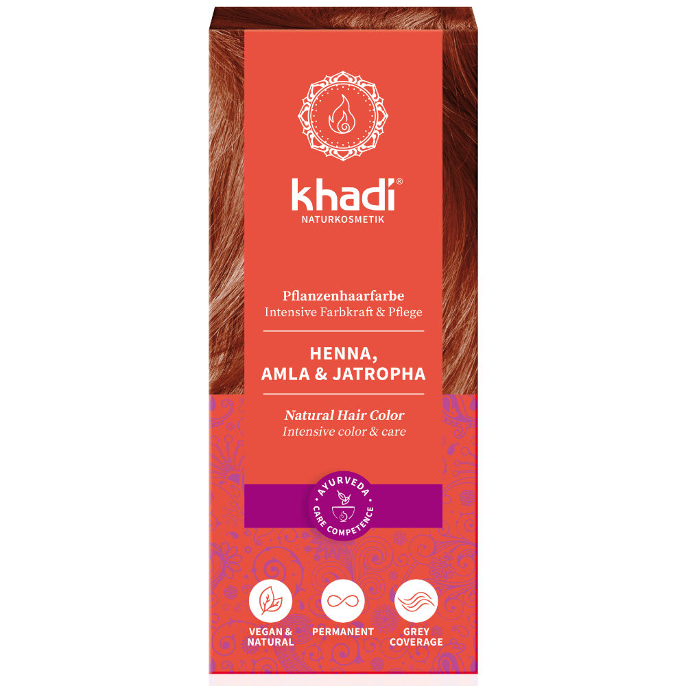 Khadi Colorante capilar en polvo 100% vegetal Rojo con Henna, Amla y Jatropha