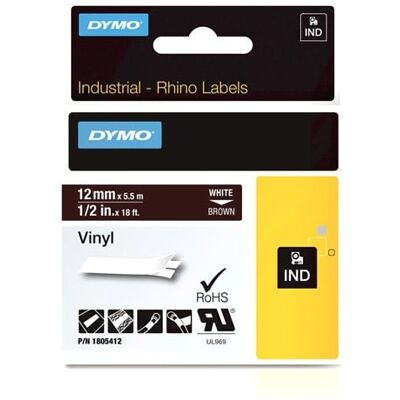 Dymo - Rhino 12mm Vinyl - Blanco sobre Marrón - 12 mm - Cinta etiqueta Dymo - Rhino 12mm Vinyl - Blanco sobre Marrón - 12 mm - Cinta etiqueta