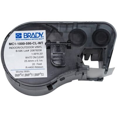 Brady MC1-1000-595-CL-WT cinta de vinilo blanco sobre transparente 25,4 mm x 6,1 m Brady MC1-1000-595-CL-WT cinta de vinilo blanco sobre transparente 25,4 mm x 6,1 m