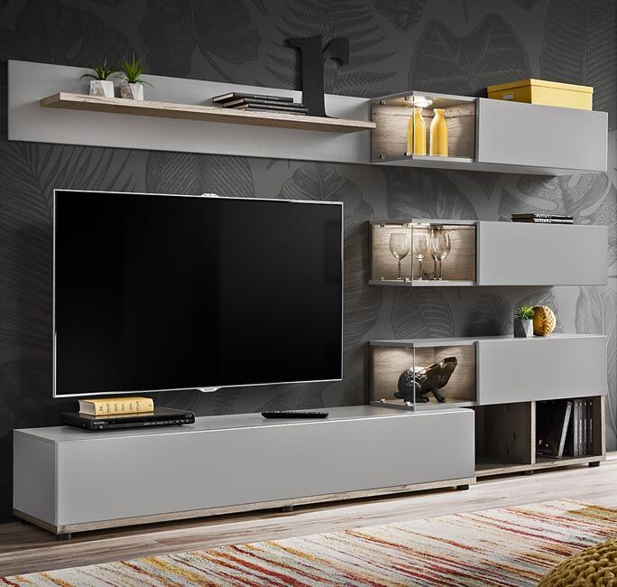 Mueble de salón modelo Odin color gris perla y truffle (2,4m)