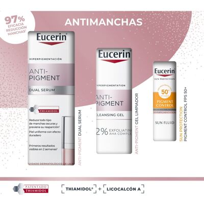 Eucerin Pack antimanchas Anti-Pigment Dual Serum 30ml + Gel Limpiador 20ml + Pigment Control FPS 50+ 7ml Eucerin Pack antimanchas Anti-Pigment Dual Serum 30ml + Gel Limpiador 20ml + Pigment Control FPS 50+ 7ml