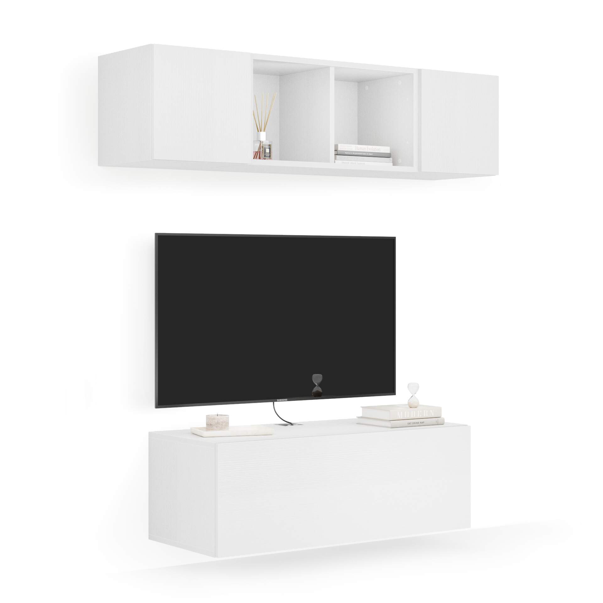 Mobili Fiver Composición de pared Easy para salón 2, color fresno blanco, 142x44x160 cm