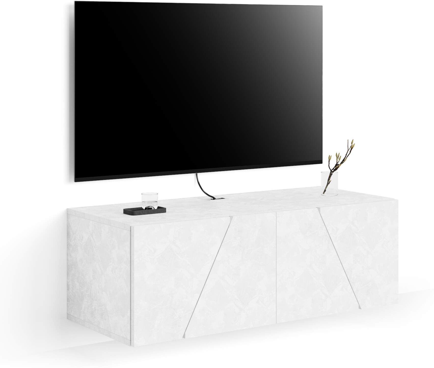 Mobili Fiver Mueble TV suspendido Emma con puerta abatible, color cemento blanco