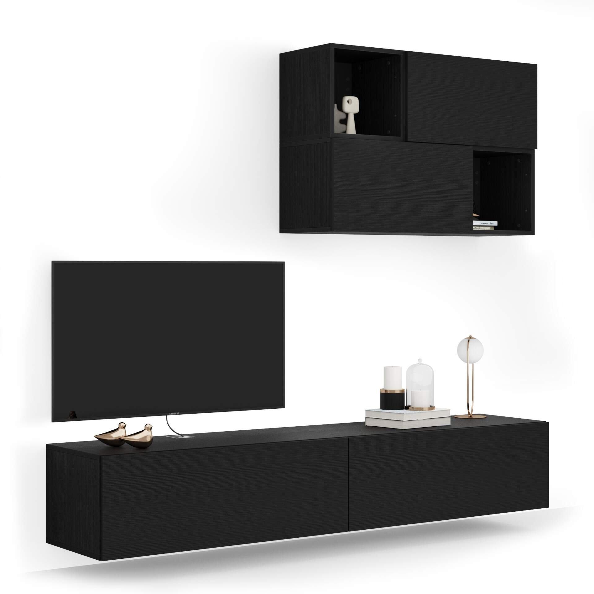 Mobili Fiver Composición de pared Easy para salón 4, color madera negra, 208x44x185 cm
