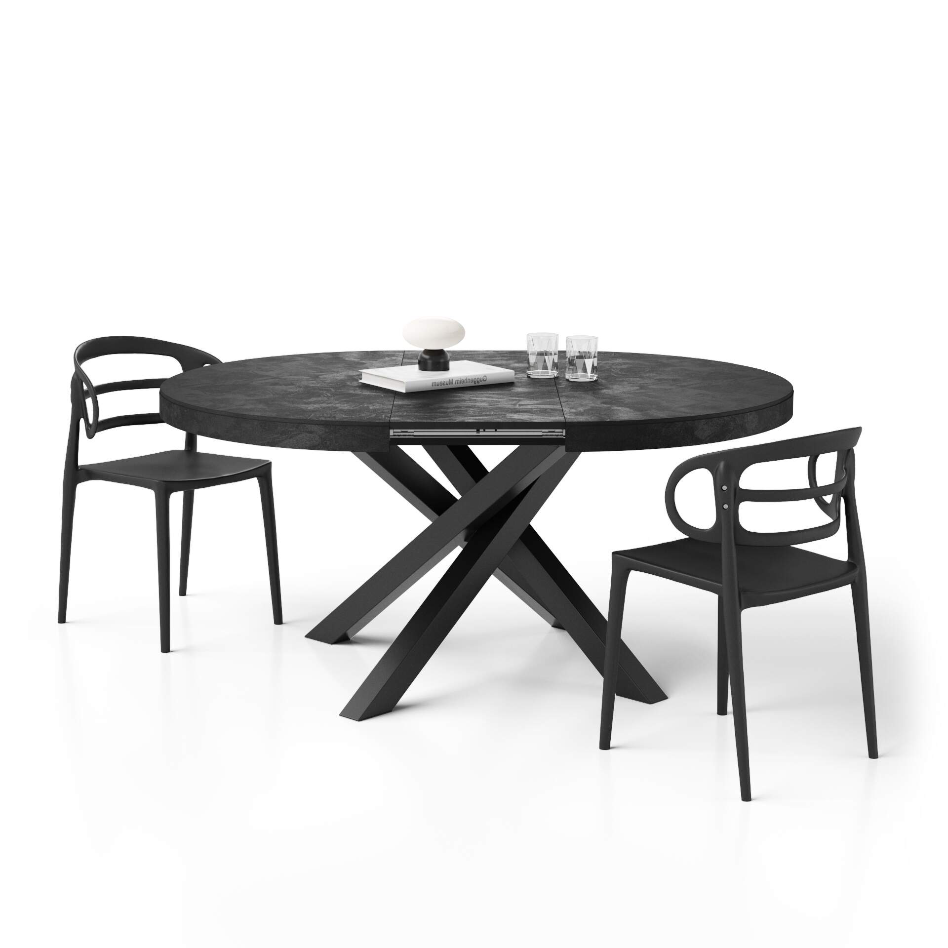 Mobili Fiver Mesa redonda extensible Emma 120-160 cm en negro cemento con patas cruzadas negras