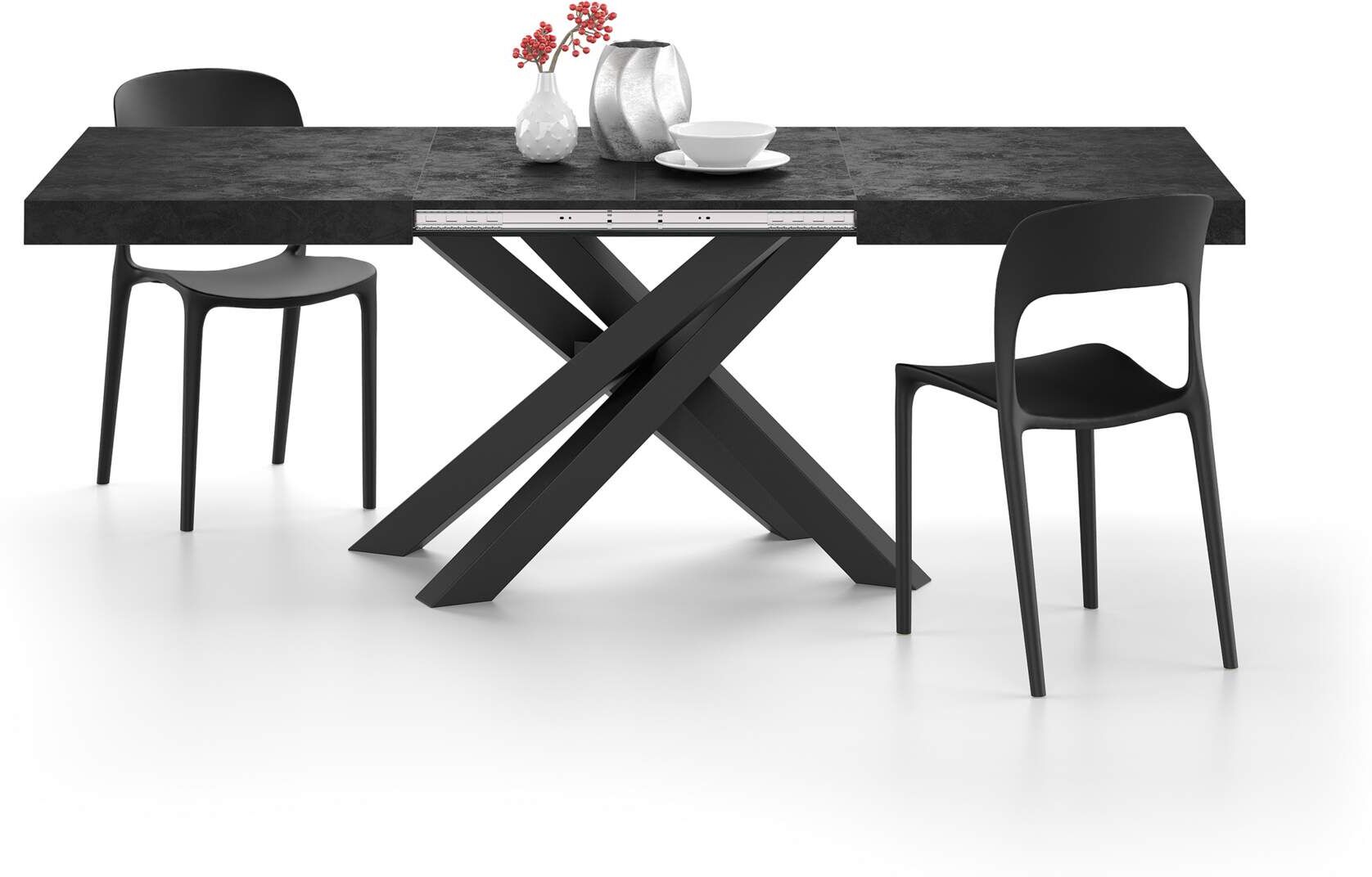 Mobili Fiver Mesa extensible Emma 140(220)x90 cm, color cemento negro con patas cruzadas negras