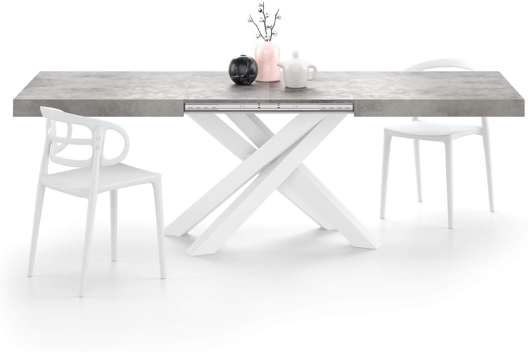 Mobili Fiver Mesa extensible Emma 160(240)x90 cm, color cemento gris con patas cruzadas blancas