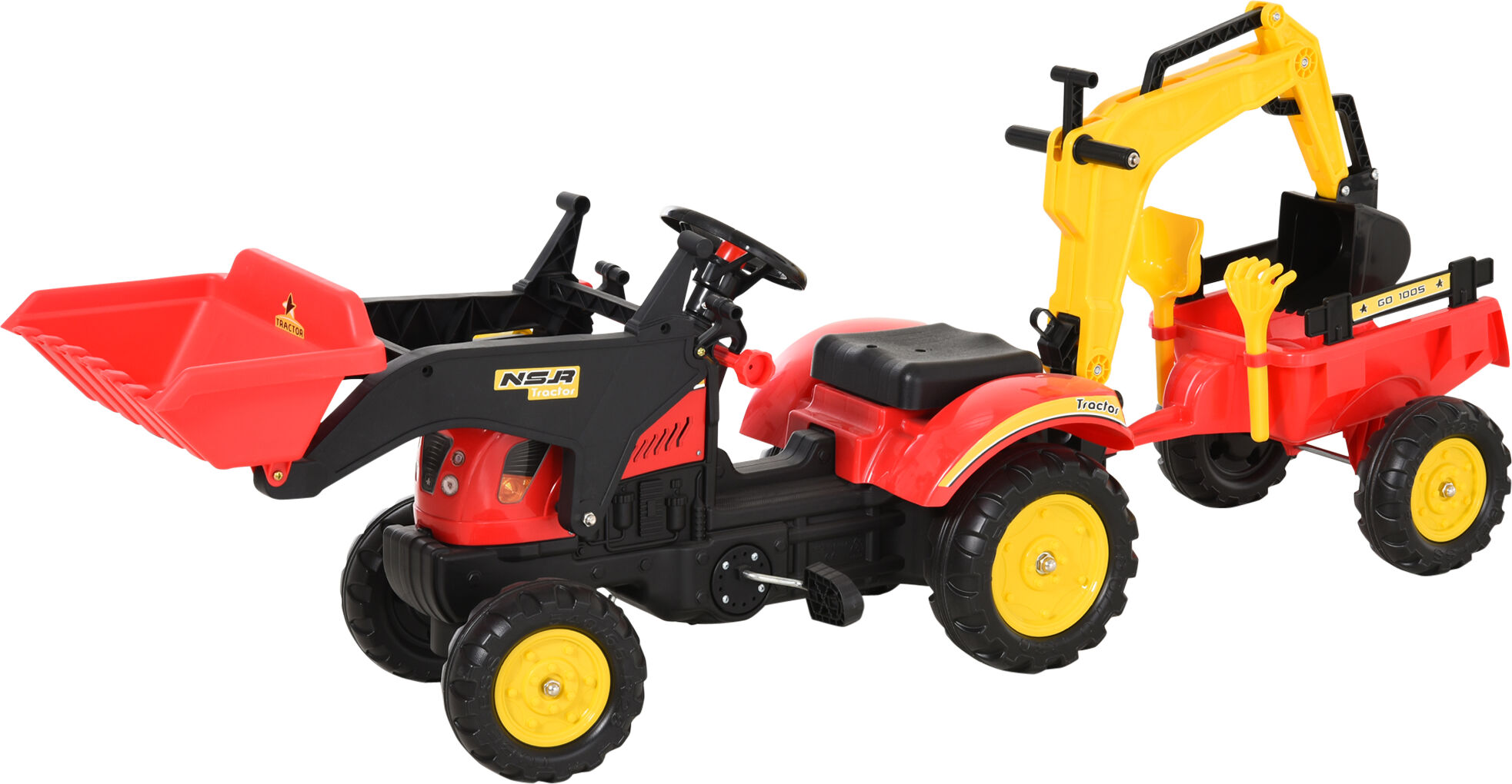 Homcom Tractor a Pedales con Remolque Excavador con Pala Frontal Juguete de Conducción para Mayores de 3 Años Dirección y Palas 179x42x59 cm Rojo