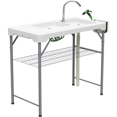 Outsunny Mesa Plegable para Camping con 2 Fregaderos Manguera de Drenaje Estación de Limpieza y Grifo Blanco Outsunny Mesa Plegable para Camping con 2 Fregaderos Manguera de Drenaje Estación de Limpieza y Grifo Blanco