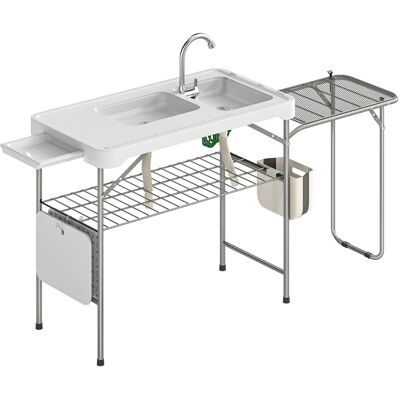 Outsunny Mesa de Limpieza de Pescado Plegable Portátil con 2 Fregaderos Grifo Manguera Estante Lateral Cesta y Ranuras Blanco Outsunny Mesa de Limpieza de Pescado Plegable Portátil con 2 Fregaderos Grifo Manguera Estante Lateral Cesta y Ranuras Blanco